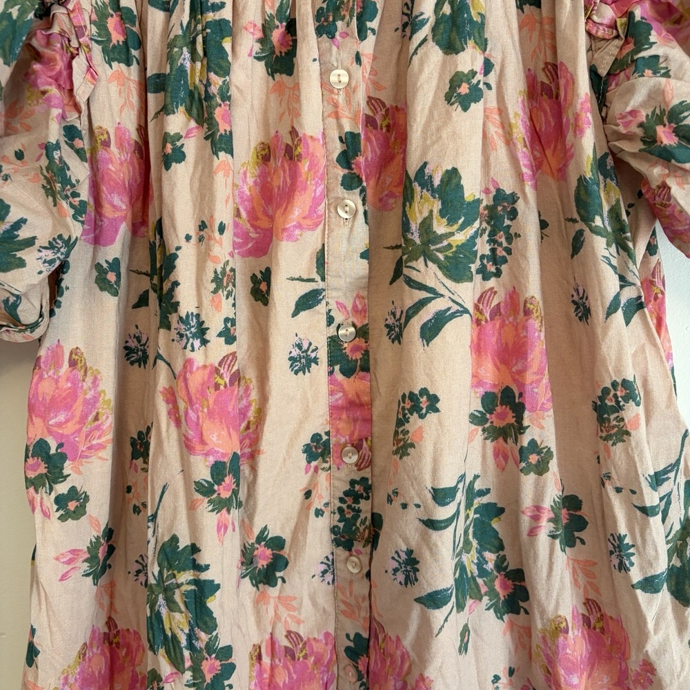 Peach Multi Floral Print Collared Button Down Ruffle Dress 100% Cotton Medium - Picture 2 of 6